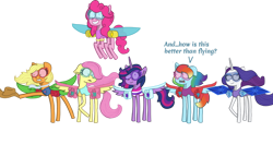 Size: 1280x675 | Tagged: safe, artist:lavender-annabella, applejack, fluttershy, pinkie pie, rainbow dash, rarity, twilight sparkle, alicorn, earth pony, pegasus, pony, unicorn, g4, artificial wings, augmented, clothes, flying, goggles, jetpack, leotard, mane six, simple background, spread wings, transparent background, twilight sparkle (alicorn), wings