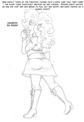 Size: 900x1308 | Tagged: safe, artist:arania, pinkie pie, human, comic:pinkie's cupcakes, equestria girls, g4, butt expansion, cupcake, dialogue, female, food, grayscale, growth, human to anthro, mid-transformation, monochrome, pencil drawing, solo, text, traditional art, transformation, transformation sequence