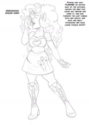 Size: 900x1267 | Tagged: safe, artist:arania, pinkie pie, human, anthro, comic:pinkie's cupcakes, equestria girls, g4, comic, cupcake, dialogue, food, grayscale, human to anthro, mid-transformation, monochrome, pencil drawing, solo, text, traditional art, transformation, transformation sequence