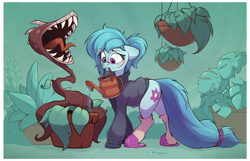 Size: 1958x1261 | Tagged: safe, artist:rexyseven, oc, oc only, oc:whispy slippers, earth pony, pony, carnivorous plant, clothes, female, glasses, mare, plant, slippers, socks, solo, sweater, watering can
