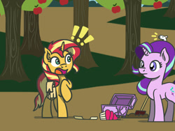 Size: 1800x1350 | Tagged: safe, artist:flutterluv, part of a set, starlight glimmer, sunset shimmer, mouse, pony, unicorn, g4, atg 2022, bag, cupcake, duo, emanata, exclamation point, food, newbie artist training grounds, part of a series, saddle bag, scared, shovel, treasure chest