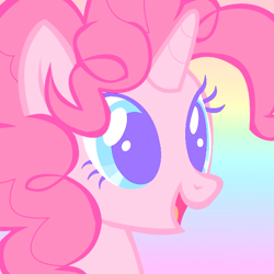 Size: 600x600 | Tagged: safe, pinkie pie, pony, unicorn, g4, cover art, female, open mouth, open smile, race swap, rainbow background, single cover, smiling, solo, unicorn pinkie pie
