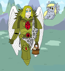 Size: 1612x1749 | Tagged: safe, artist:pantsuholocaust, derpy hooves, lyra heartstrings, human, pegasus, unicorn, g4, blood angels, crossover, food, male, muffin, primarch, sanguinius, space marine, warhammer (game), warhammer 40k, wings