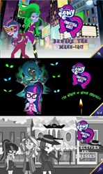 Size: 1280x2160 | Tagged: safe, mane-iac, queen chrysalis, rarity, sci-twi, sunset shimmer, twilight sparkle, human, equestria girls, g4, detective rarity, equestria girls-ified, female, masked matter-horn costume, noir, power ponies