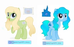Size: 1028x661 | Tagged: safe, artist:draconekaiju, oc, oc only, oc:erin, oc:jenny cuppa, blonde hair, cutie mark, female, simple background, white background, youtuber