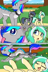 Size: 2000x3000 | Tagged: safe, artist:rice, oc, oc only, oc:icy breeze, oc:nightglider, oc:spiral light, bat pony, pony, collar, comic, high res, leash, size difference, tongue out