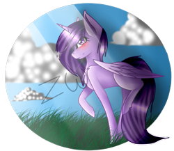 Size: 657x571 | Tagged: safe, artist:kat-the-true-kitkat, oc, oc only, alicorn, pony, alicorn oc, chest fluff, female, horn, mare, outdoors, raised hoof, simple background, smiling, solo, transparent background, wings