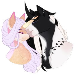 Size: 2200x2200 | Tagged: safe, artist:purplegrim40, oc, oc only, pony, unicorn, bust, duo, eyes closed, female, grin, high res, horn, male, mare, oc x oc, one eye closed, shipping, simple background, smiling, stallion, straight, transparent background, unicorn oc, wink