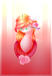 Size: 1100x1600 | Tagged: safe, artist:prettyshinegp, oc, oc only, earth pony, pony, abstract background, bust, earth pony oc, female, flower, flower in hair, mare, signature, smiling, solo