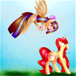 Size: 5000x5000 | Tagged: safe, artist:prettyshinegp, oc, oc only, pegasus, pony, unicorn, collaboration, duo, female, horn, looking back, mare, outdoors, pegasus oc, smiling, unicorn oc, wings