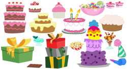 Size: 1280x702 | Tagged: safe, artist:syrikatsyriskater, bowl, cake, candle, candy, chips, chocolate, food, hat, ice cream, nachos, no pony, party hat, present, resource, simple background, sundae, transparent background