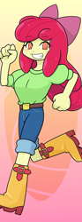 Size: 740x2000 | Tagged: safe, artist:batipin, apple bloom, human, equestria girls, g4, apple bloom's bow, boots, bow, clothes, denim, female, grin, hair bow, jeans, pants, running, shirt, shoes, smiling, solo
