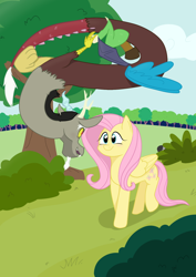 Size: 640x905 | Tagged: safe, artist:solraccoon, artist:sunraccon, discord, fluttershy, draconequus, pegasus, pony, g4, female, flying, looking at each other, looking at someone, male, shadow, ship:discoshy, shipping, straight, tree