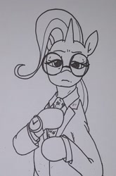 Size: 1073x1627 | Tagged: safe, artist:pony quarantine, trixie, pony, unicorn, g4, clothes, female, glasses, grayscale, looking at you, mare, monochrome, necktie, reference, solo, suit, traditional art, watch, wristwatch