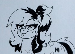 Size: 2080x1488 | Tagged: safe, artist:pony quarantine, oc, oc only, earth pony, pony, female, freckles, grayscale, lidded eyes, mare, monochrome, solo, tongue out, traditional art