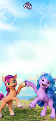 Size: 1080x2341 | Tagged: safe, izzy moonbow, sunny starscout, earth pony, pony, unicorn, g5, official, abstract background, chinese, duo, female, grass, mare, my little pony logo, phone wallpaper, sky, stock render, text, weibo