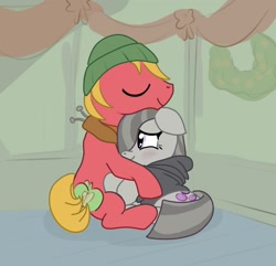 Size: 1843x1773 | Tagged: safe, artist:mandumustbasukanemen, big macintosh, marble pie, earth pony, pony, g4, atg 2022, christmas, eyes closed, female, hearth's warming, holiday, hug, male, mare, newbie artist training grounds, ship:marblemac, shipping, smiling, stallion, straight