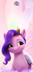 Size: 1080x2341 | Tagged: safe, pipp petals, pegasus, pony, g5, official, 3d, abstract background, adorapipp, cute, female, mare, my little pony logo, phone wallpaper, smiling, solo, sparkles, stock render, text, wallpaper, weibo, wings