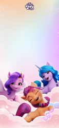 Size: 1080x2341 | Tagged: safe, izzy moonbow, pipp petals, sunny starscout, earth pony, pegasus, pony, unicorn, g5, official, abstract background, chinese, cloud, female, mare, my little pony logo, phone wallpaper, stock render, text, trio, weibo