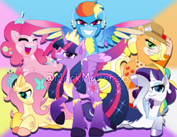 Size: 1024x792 | Tagged: safe, artist:markmaker36, applejack, fluttershy, pinkie pie, rainbow dash, rarity, twilight sparkle, alicorn, earth pony, pegasus, pony, unicorn, g4, alternate design, mane six, obtrusive watermark, watermark