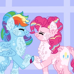 Size: 1280x1280 | Tagged: safe, artist:creativemuffins, pinkie pie, rainbow dash, earth pony, pegasus, pony, g4, duo, female, fluffy, lesbian, purple background, ship:pinkiedash, shipping, simple background