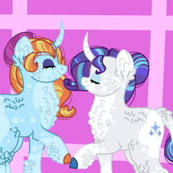 Size: 1280x1280 | Tagged: safe, artist:creativemuffins, rarity, sassy saddles, pony, unicorn, g4, alternate hairstyle, duo, female, fluffy, lesbian, purple background, rarisaddles, shipping, simple background