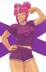 Size: 2134x3354 | Tagged: safe, artist:applephil, sour sweet, human, g4, breasts, busty sour sweet, clothes, female, flexing, freckles, gym uniform, hand on hip, high res, humanized, muscles, muscular female, sour swole