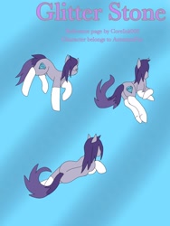 Size: 2250x3000 | Tagged: safe, artist:coreink02, oc, oc only, oc:glitter stone, earth pony, pony, blue background, butt, cutie mark, diamond, digital art, female, gray coat, high res, mare, multiple poses, plot, pose, purple mane, simple background, sketch, white hooves
