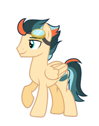 Size: 655x830 | Tagged: artist needed, safe, oc, oc only, oc:turbo swifter, pegasus, pony, folded wings, full body, goggles, hooves, lidded eyes, male, multicolored mane, multicolored tail, pegasus oc, raised hoof, show accurate, simple background, smiling, solo, stallion, standing, tail, transparent background, wings