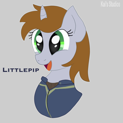 Size: 2000x2000 | Tagged: safe, artist:kaifurry, oc, oc only, oc:littlepip, pony, unicorn, fallout equestria, :d, clothes, eyes open, green eyes, grin, happy, high res, horn, jumpsuit, open mouth, open smile, smiling, solo, text, unicorn oc, vault suit