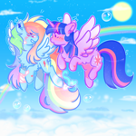 Size: 1500x1500 | Tagged: safe, artist:cutiesparke, rainbow dash, twilight sparkle, alicorn, pegasus, pony, g4, alternate cutie mark, alternate hairstyle, blue sky, blushing, bubble, cloud, double mane, duo, female, flustered, flying, gradient mane, lesbian, looking at each other, looking at someone, rainbow, ship:twidash, shipping, sky, smiling, sun, twilight sparkle (alicorn)