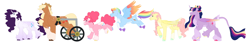 Size: 12000x2000 | Tagged: safe, artist:itstechtock, applejack, fluttershy, pinkie pie, rainbow dash, rarity, twilight sparkle, alicorn, earth pony, pegasus, pony, unicorn, g4, alternate design, mane six, older, simple background, twilight sparkle (alicorn), wheelchair, white background