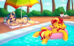 Size: 2048x1280 | Tagged: safe, artist:falafeljake, sunset shimmer, oc, cat, pony, unicorn, g4, chest fluff, commission, drool, ear fluff, eyes closed, female, inner tube, jewelry, lidded eyes, mare, necklace, open mouth, sleeping, snoring, sunglasses, swimming pool, umbrella