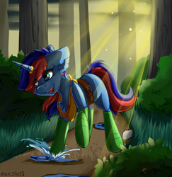 Size: 1500x1541 | Tagged: safe, artist:yuris, oc, oc only, oc:ryo, pony, unicorn, blue skin, boots, chest fluff, clothes, commission, crepuscular rays, female, floppy ears, forest, horn, horn ring, puddle, ring, shoes, smiling, solo, two toned mane, unicorn oc, ych result