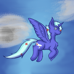 Size: 1058x1058 | Tagged: safe, artist:lil_vampirecj, oc, oc only, alicorn, pony, cloud, flower, flower in hair, flying, full body, looking back, shading, sky, smiling, solo