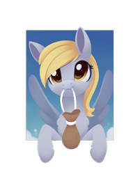 Size: 1778x2247 | Tagged: safe, artist:dusthiel, derpy hooves, pegasus, pony, g4, atg 2022, bag, female, mare, mouth hold, newbie artist training grounds, simple background, solo, transparent background