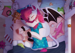 Size: 3182x2260 | Tagged: safe, artist:kaylemi, oc, oc only, original species, bed, bedroom, body pillow, ear fluff, eyes closed, fangs, high res, leonine tail, lying down, on bed, on side, pillow, plushie, sleeping, solo, tail