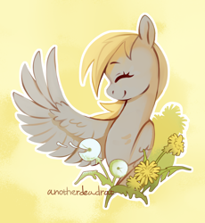 Size: 2430x2640 | Tagged: safe, artist:anotherdeadrat, derpy hooves, pegasus, pony, g4, dandelion, eyes closed, female, high res, mare, one wing out, smiling, wings
