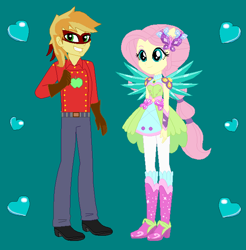 Size: 622x631 | Tagged: safe, artist:owletbrigthness, braeburn, fluttershy, human, equestria girls, g4, clothes, crystal guardian, crystal wings, cutie mark on clothes, duo, equestria girls-ified, female, male, ponied up, smiling, wings