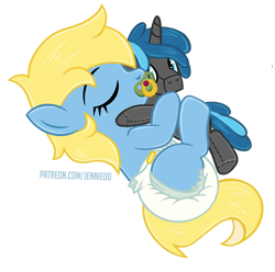 Size: 909x900 | Tagged: safe, artist:jennieoo, oc, oc:cream, earth pony, original species, plush pony, pony, baby, baby pony, diaper, female, filly, foal, hug, pacifier, plushie, show accurate, simple background, sleeping, solo, transparent background, vector