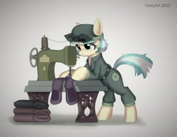 Size: 2048x1593 | Tagged: safe, alternate version, artist:vinilyart, coco pommel, earth pony, pony, g4, alternate timeline, clothes, crystal war timeline, frown, overalls, sewing machine, solo