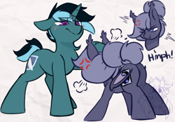 Size: 1850x1287 | Tagged: safe, artist:drawtheuniverse, oc, oc only, oc:selenite, oc:sol nightshade, bat pony, pony, unicorn, :i, >:t, abstract background, angry, annoyed, art trade, bat pony oc, blushing, butt, cross-popping veins, cute, duo, female, hair bun, head pat, height difference, horn, madorable, male, mare, oc x oc, pat, plot, shipping, solenite, stallion, steam, straight, unicorn oc