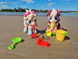 Size: 4032x3024 | Tagged: safe, artist:xeto_de, oc, oc:lily allure, oc:vanilla cream, pony, g4, beach, female, filly, foal, irl, photo, photography, plushie
