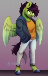 Size: 600x946 | Tagged: safe, artist:cabbage-arts, oc, oc only, pegasus, anthro, unguligrade anthro, clothes, eyebrows, eyebrows visible through hair, feathered wings, glasses, male, open mouth, open smile, pants, partially open wings, shirt, smiling, solo, wings