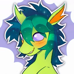 Size: 1800x1800 | Tagged: oc name needed, safe, artist:draw3, oc, oc only, changedling, changeling, blushing, bust, changedling oc, changeling oc, ethereal mane, eye clipping through hair, grin, horn, nonbinary, portrait, smiling, solo, starry mane