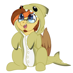 Size: 1828x1824 | Tagged: safe, artist:rokosmith26, oc, oc only, griffon, animal onesie, blue eyes, cheek fluff, clothes, commission, costume, eye clipping through hair, glasses, griffon oc, happy, kigurumi, looking up, male, onesie, open mouth, simple background, sitting, smiling, solo, stallion, teeth, transparent background, ych result