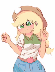 Size: 2534x3330 | Tagged: safe, artist:leo19969525, applejack, human, equestria girls, g4, blushing, clothes, cute, female, green eyes, hair, hat, high res, jackabetes, simple background, smiling, solo, white background, yellow hair