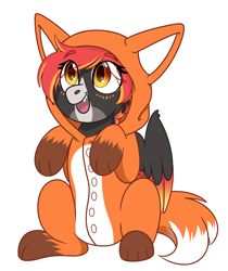 Size: 1640x1948 | Tagged: safe, artist:rokosmith26, oc, oc only, oc:hollow lantern, pegasus, pony, animal onesie, cheek fluff, clothes, commission, costume, eye clipping through hair, female, happy, kigurumi, looking up, mare, markings, onesie, open mouth, pegasus oc, simple background, sitting, smiling, solo, teeth, transparent background, ych result