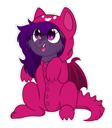 Size: 1792x2044 | Tagged: safe, artist:rokosmith26, oc, oc only, oc:midnight purple, bat pony, pony, animal onesie, bat pony oc, cheek fluff, clothes, commission, costume, eye clipping through hair, happy, kigurumi, looking up, male, onesie, open mouth, simple background, sitting, smiling, solo, stallion, teeth, transparent background, ych result