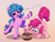 Size: 3431x2575 | Tagged: safe, artist:xbi, izzy moonbow, pinkie pie, earth pony, pony, unicorn, g4, g5, cake, duo, eyes on the prize, female, food, gradient background, high res, izzy and her heroine, mare, oooooh, pinkie being pinkie, scissors, smiling, tabun art-battle finished after, tongue out, uni-cycling
